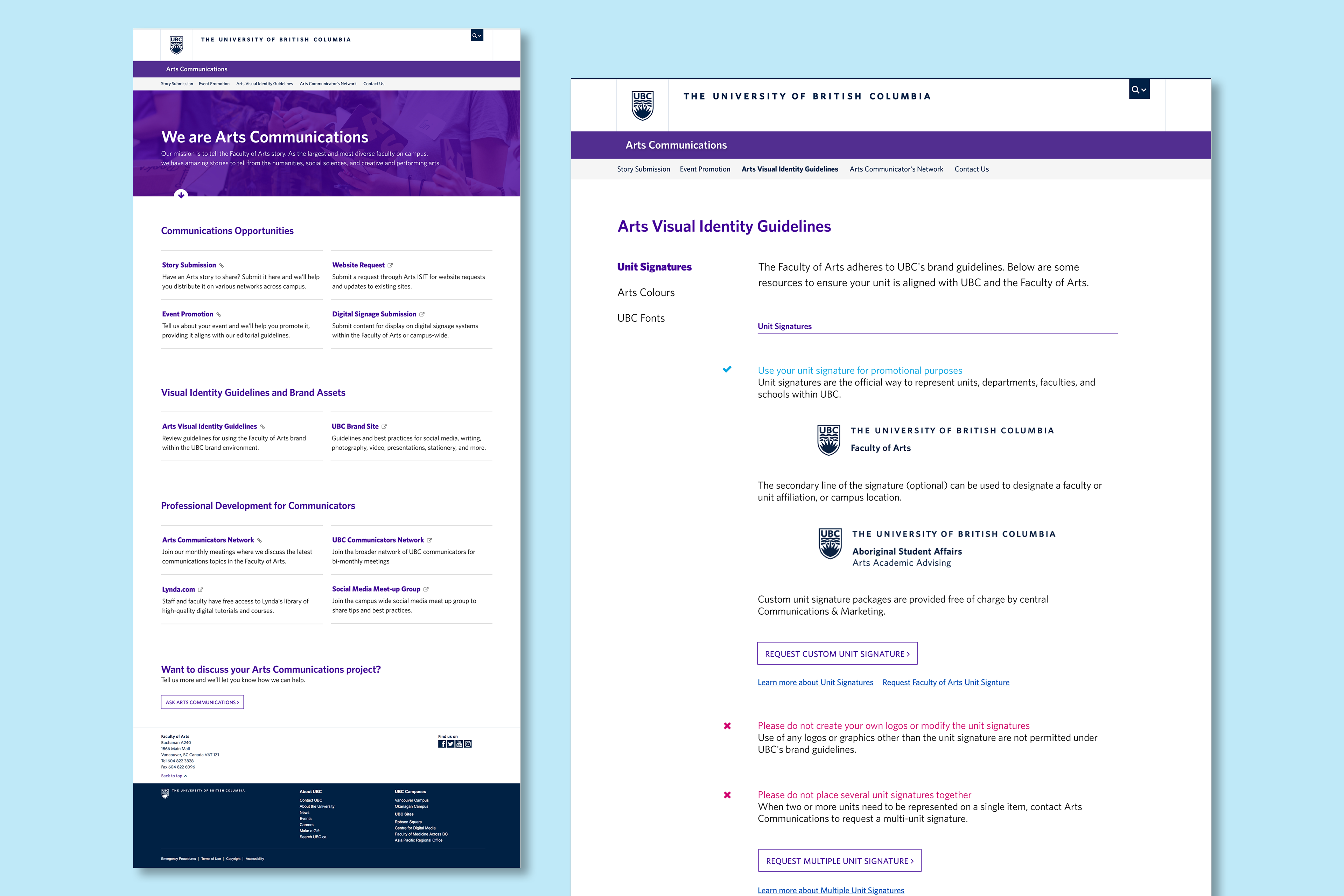 BC Arts Communications landing and subpage