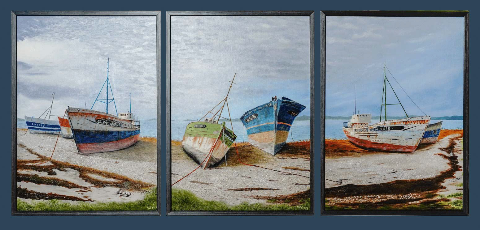 Skeppskyrkogården triptyk 3 x 58x42 cm olja