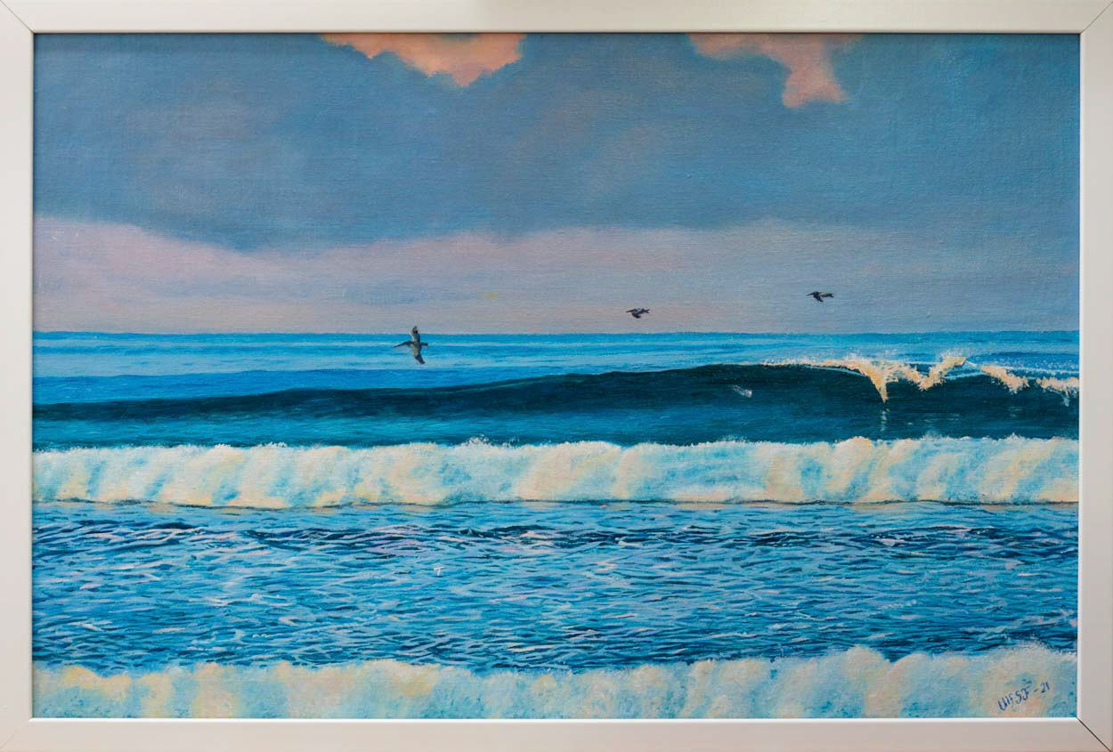 Morgon vid stranden (Stilla Havet) 62x42 cm olja