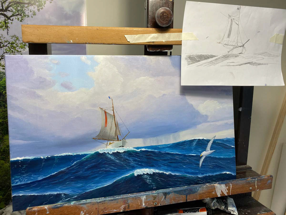 Under uppförande - Lotsbåt 50x40 cm SÅLD olja