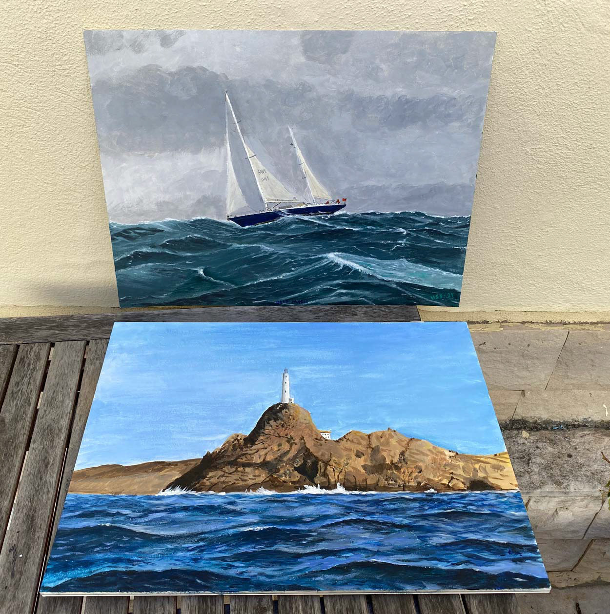 Ketch och spansk fyr 42x30 cm akryl (SÅLDA)