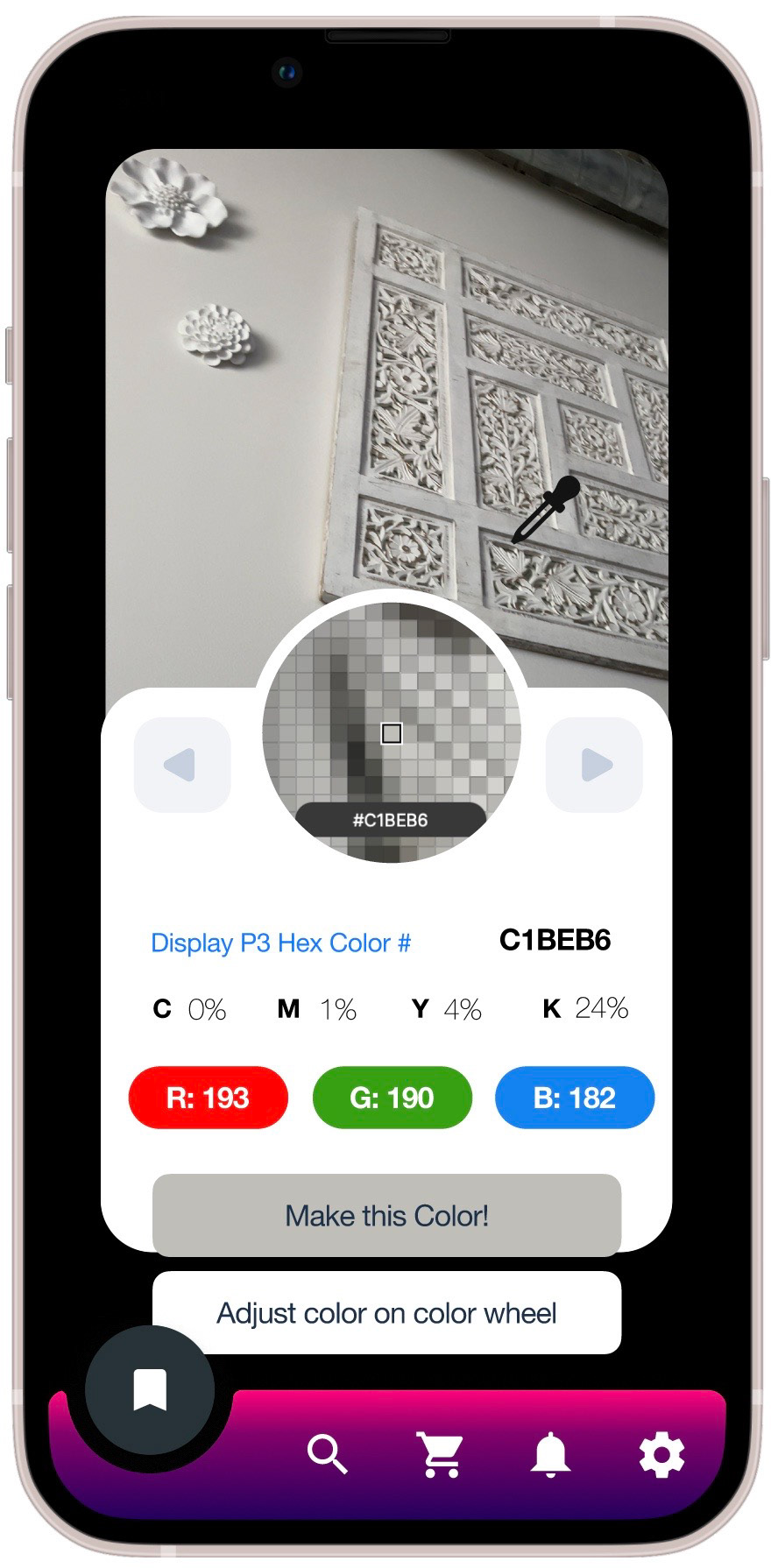 Once the user has taken or selected a picture, this interface allows the user to pick out a very specific target color pixel from the image. The interface also informs the user of the chosen color's Hex Code, CMYK, and RGB Values. 