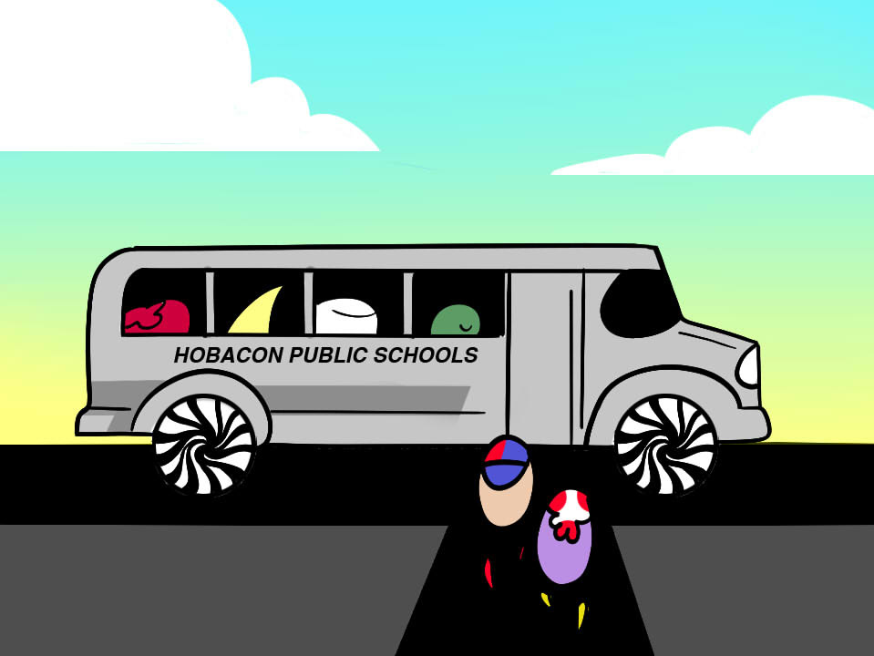 PK and JB the bus and sit next to each other.