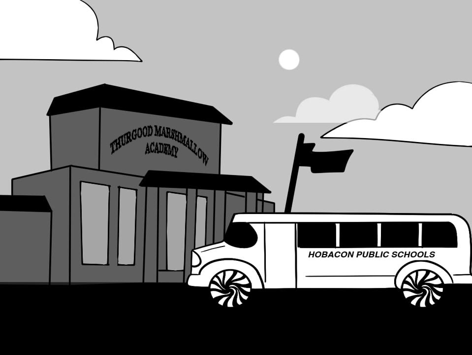 THURGOOD MARSHMALLOW ACADEMY – DAY Students excitedly mill about the blacktop of an elementary school. There’s a PBNJ Hobacon City District school bus sitting in the front of the school. It's field trip day.