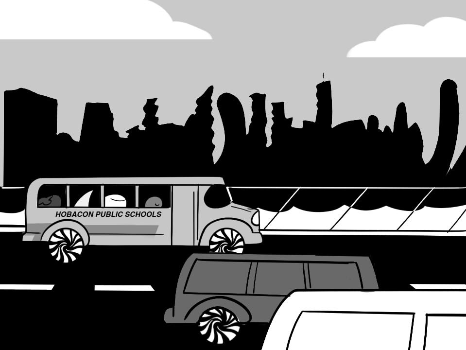 As the bus pulls off the school parking lot, PK stares out the window and we see the city go by.