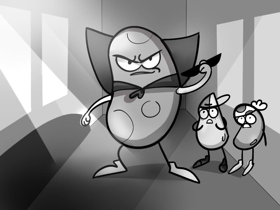 Peanutkid and Jellybelly freeze. The Shadowy figure stops, and reveals himself as SUPER POTATO, Hobacon’s well-renowned local superhero. He puts himself between the utensils and the children and the showdown begins.