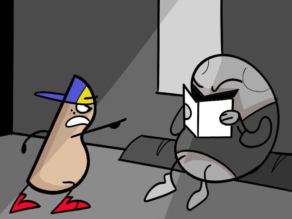 PeanutStanding up, he goes to approach the figure-kid sees a large figure wearing a trenchcoat and glasses sitting across the aisle.