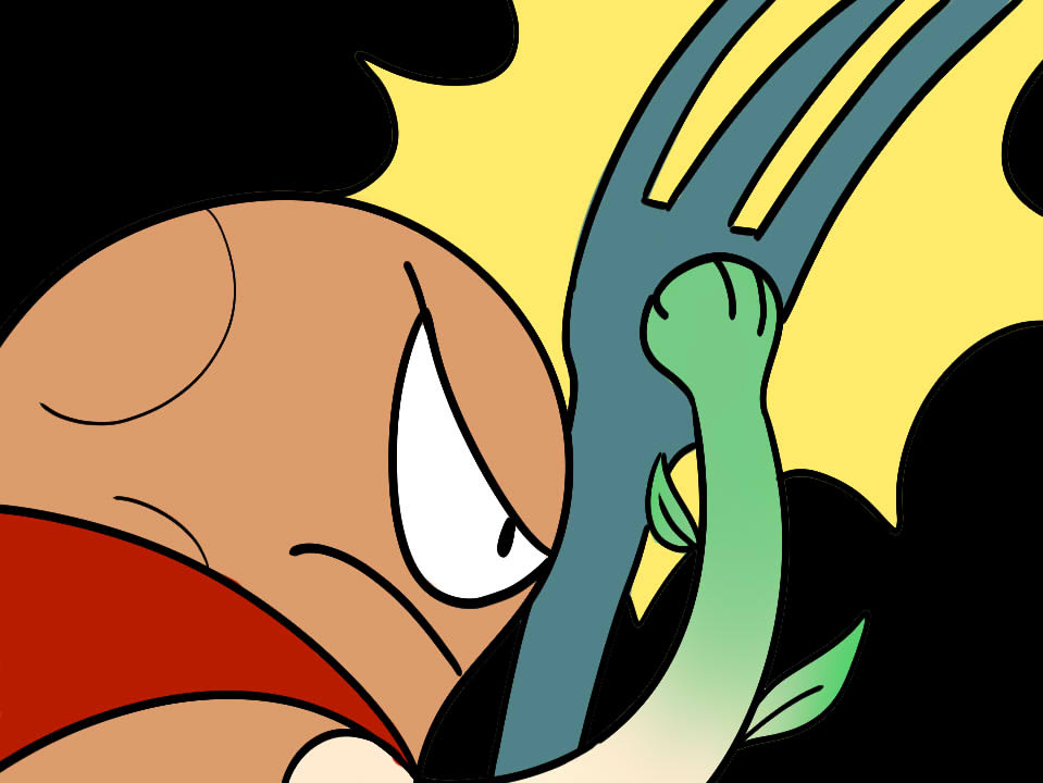 SPUDSTICE! -Super Potato punches a Fork in the tong and bends it.