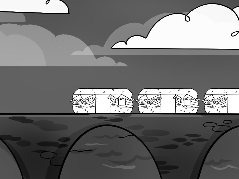 We see an outside view of the train crossing between the river between NPC and Hobacon.
