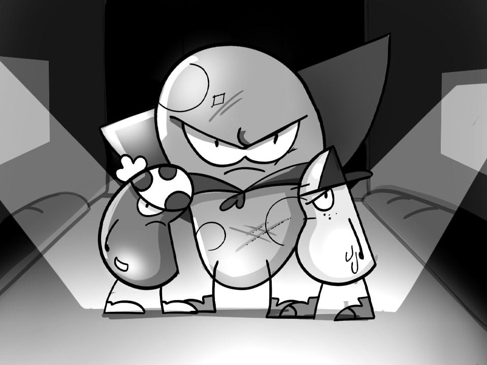 Super Potato nods at the students, and the trio, now united, fight the utensils together, Super Potato taking the upperhand, and PK and JB attacking from below.