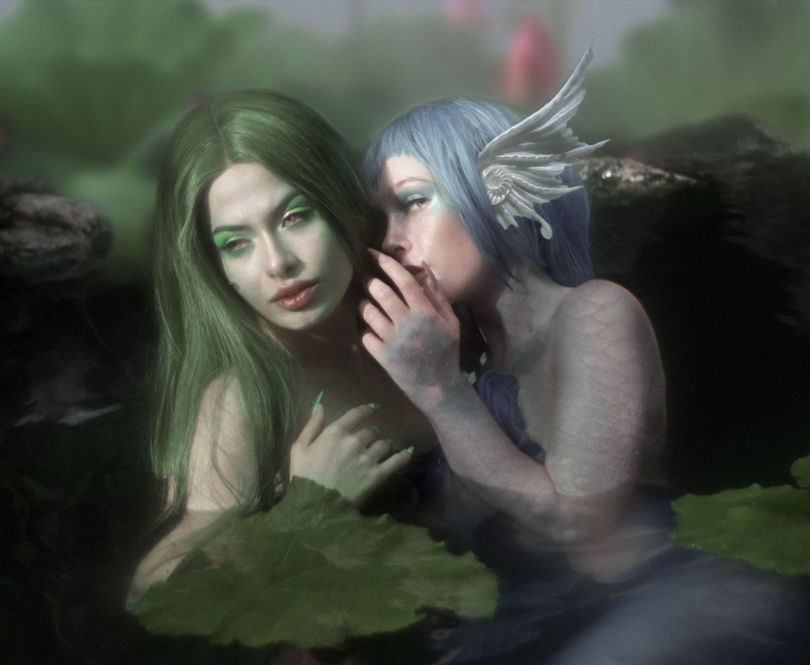 EVA e EVA  Tipologia: Makeup editoriale;  Caratteristiche: Makeup occhi sui toni del verde, delicatamente sfumato ma luminoso per un effetto etereo. Copertura di tatuaggi e applicazione di una parrucca per completare l'intero look; Type: Editorial makeup; Features: Eye makeup in green tones, softly blended yet luminous for an ethereal effect. Tattoo coverage and wig application to complete the overall look; Makeup e hair: Gino Aurora;