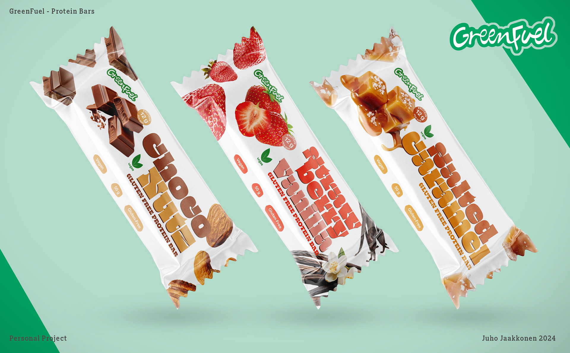 GreenFuel - Protein bars. Flavors and nutritional framework given by ChatGPT.