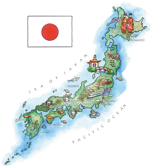 watercolor painting of map of Japan