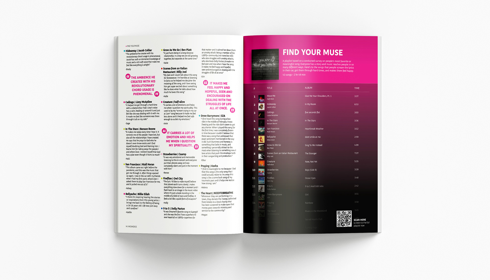 The feature then goes into short quotes from each survey respondant and the full playlist. The goal was to be able to both read the quotes while listening to each song to fully understand the music better.