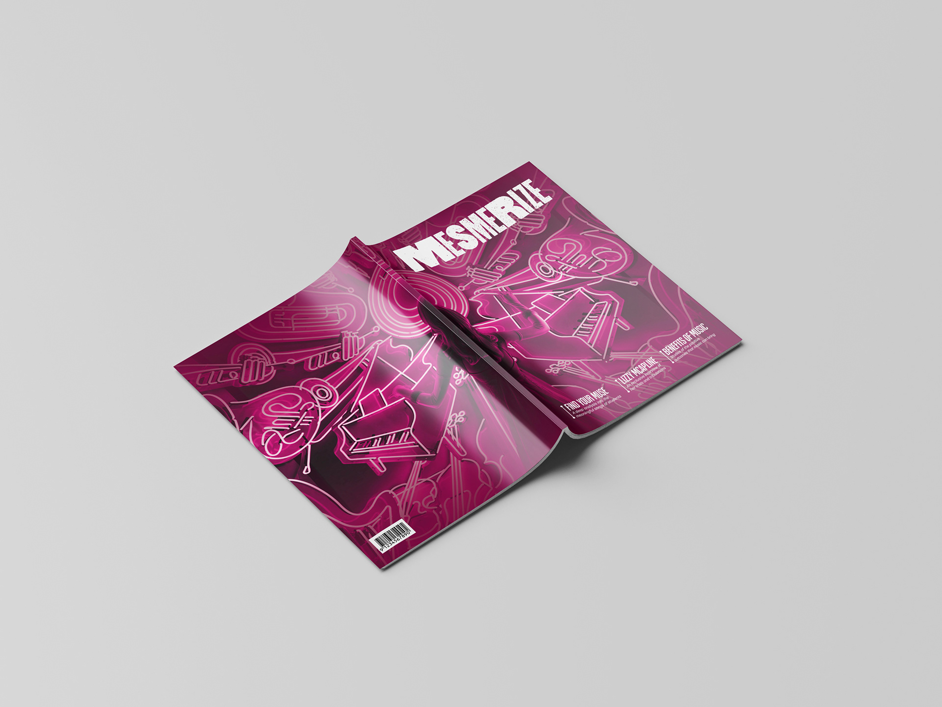 As the magazine folds as the front and back cover, the image continues, cutting the woman figure in half. The instruments radiate from the spine of the magazine.