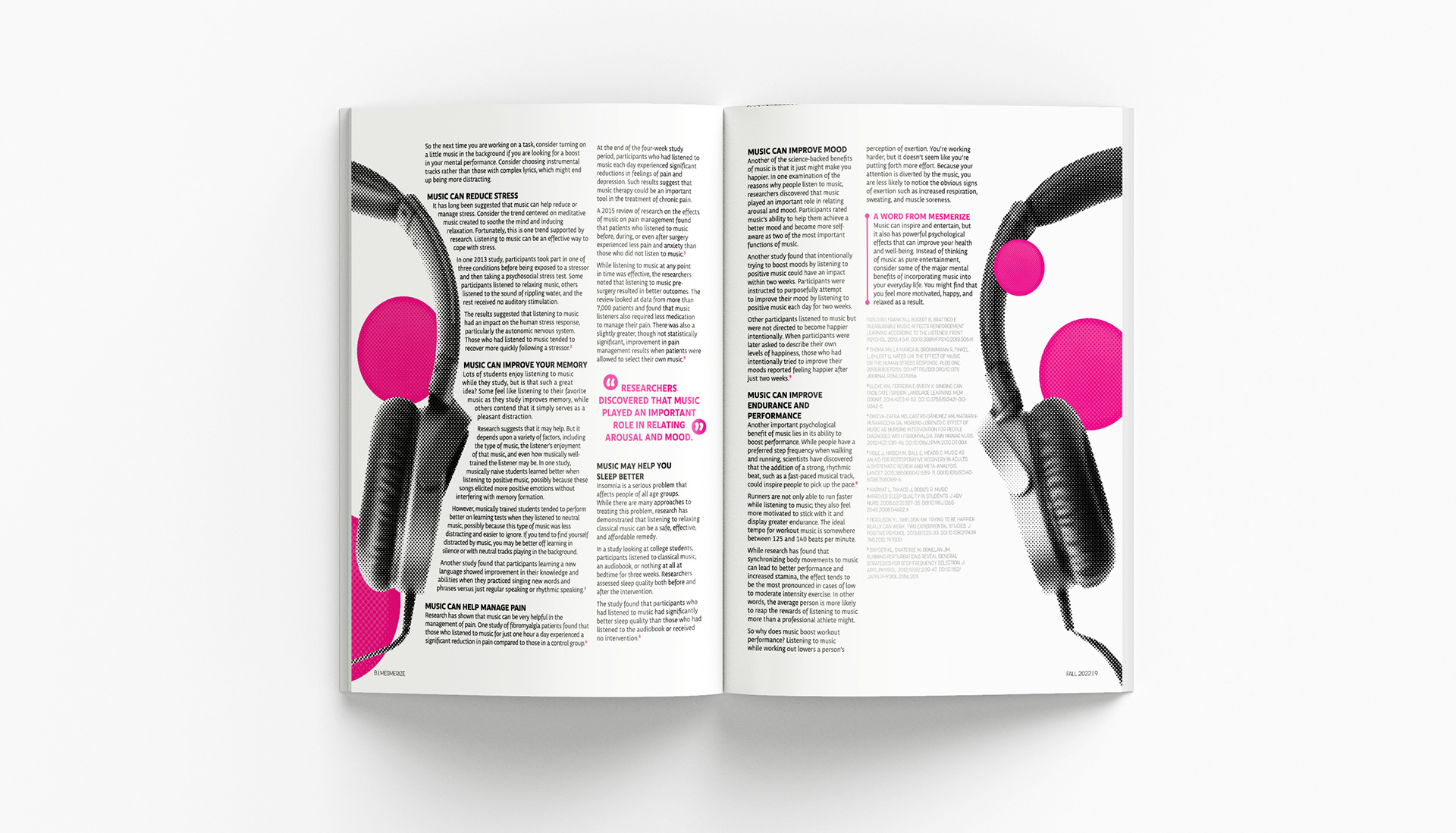 The feature continues on with a pull quote, footnotes, and continued use of pink circles and half tone styled imagery.