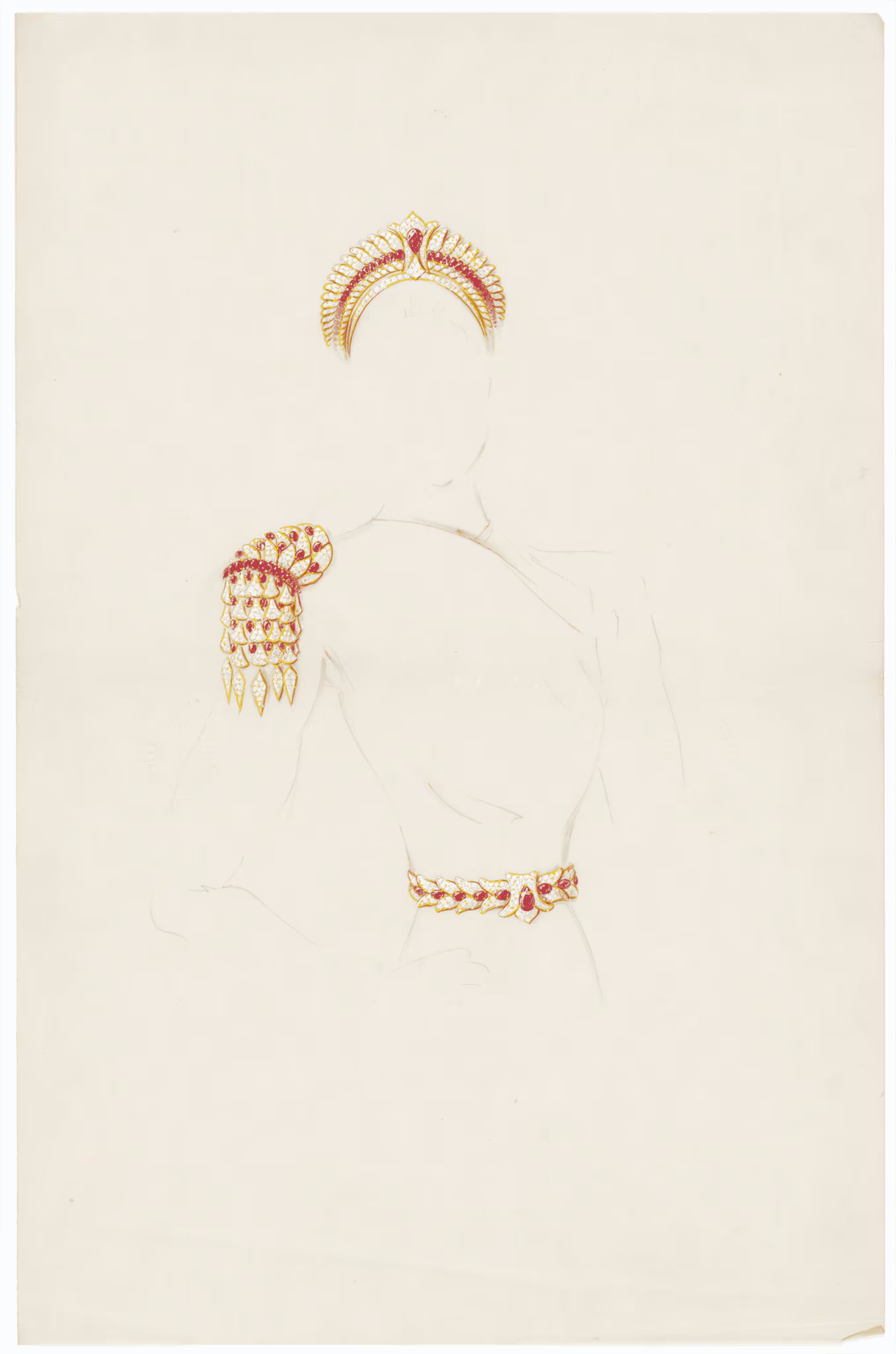 Drawing of finery for the Théâtre de la mode, 1945. Pencil and gouache on tracing paper.