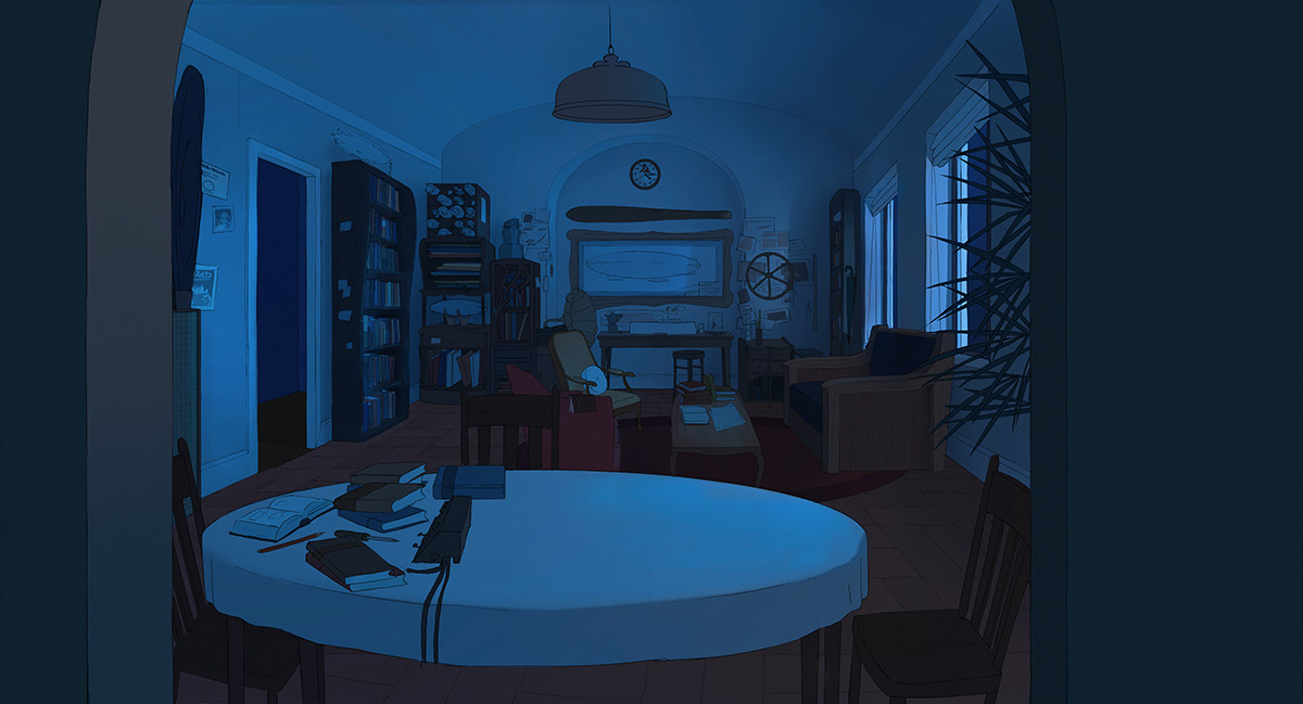 Nobile's living room in the 1920s at night