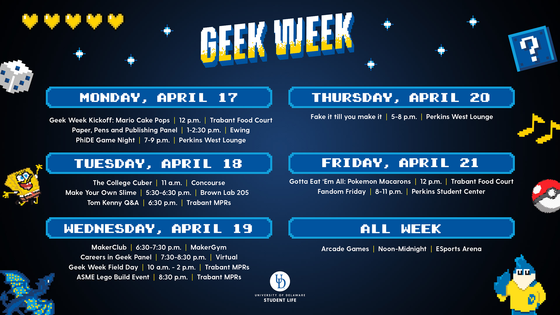 Geek Week 2023 8-Bit Themed Full Schedule Digital Graphic Landscape. Graphic Design: Kirk Smith.