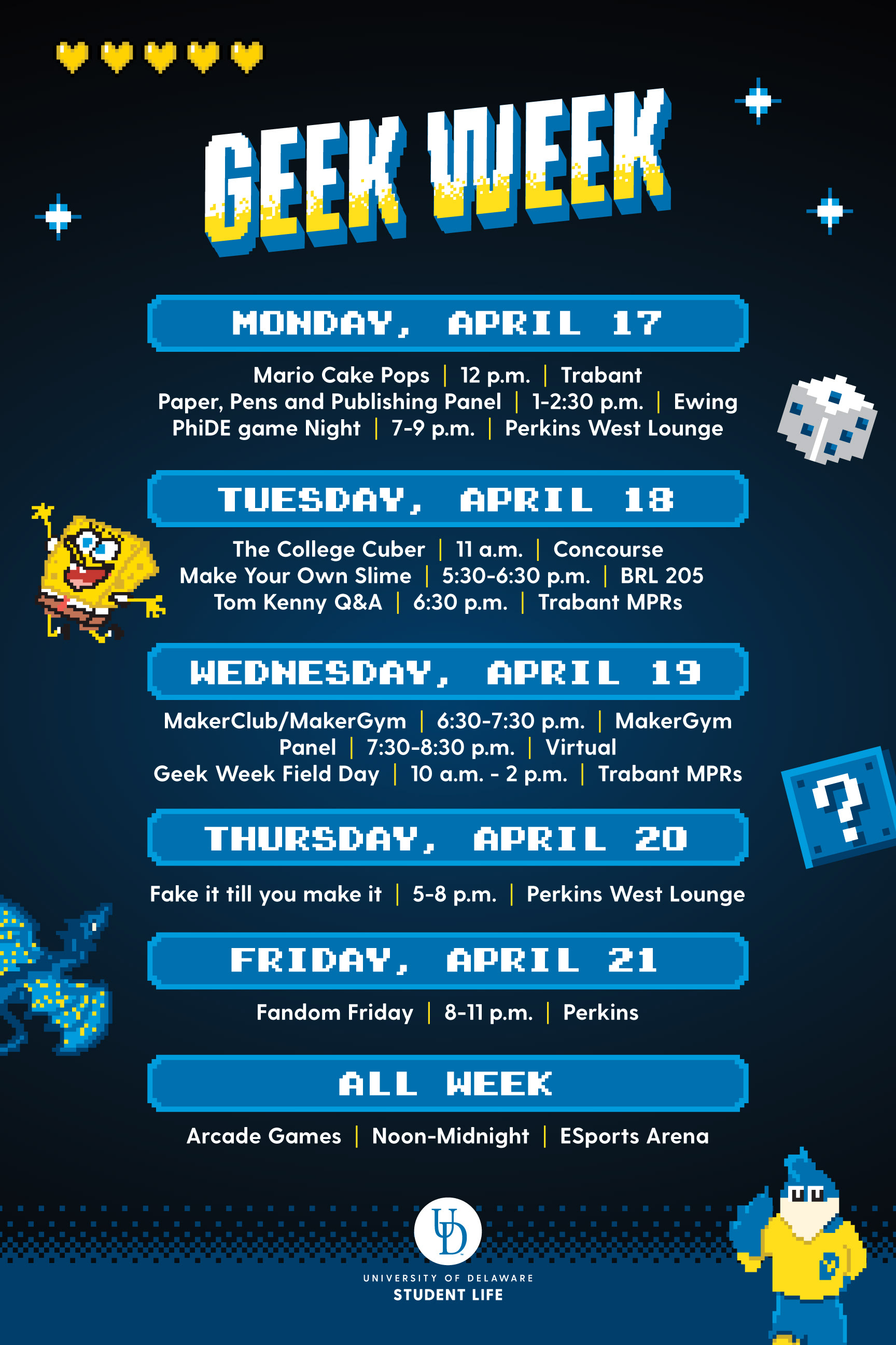 Geek Week 2023 8-Bit Themed Full Schedule Digital Graphic Portrait. Graphic Design: Kirk Smith.