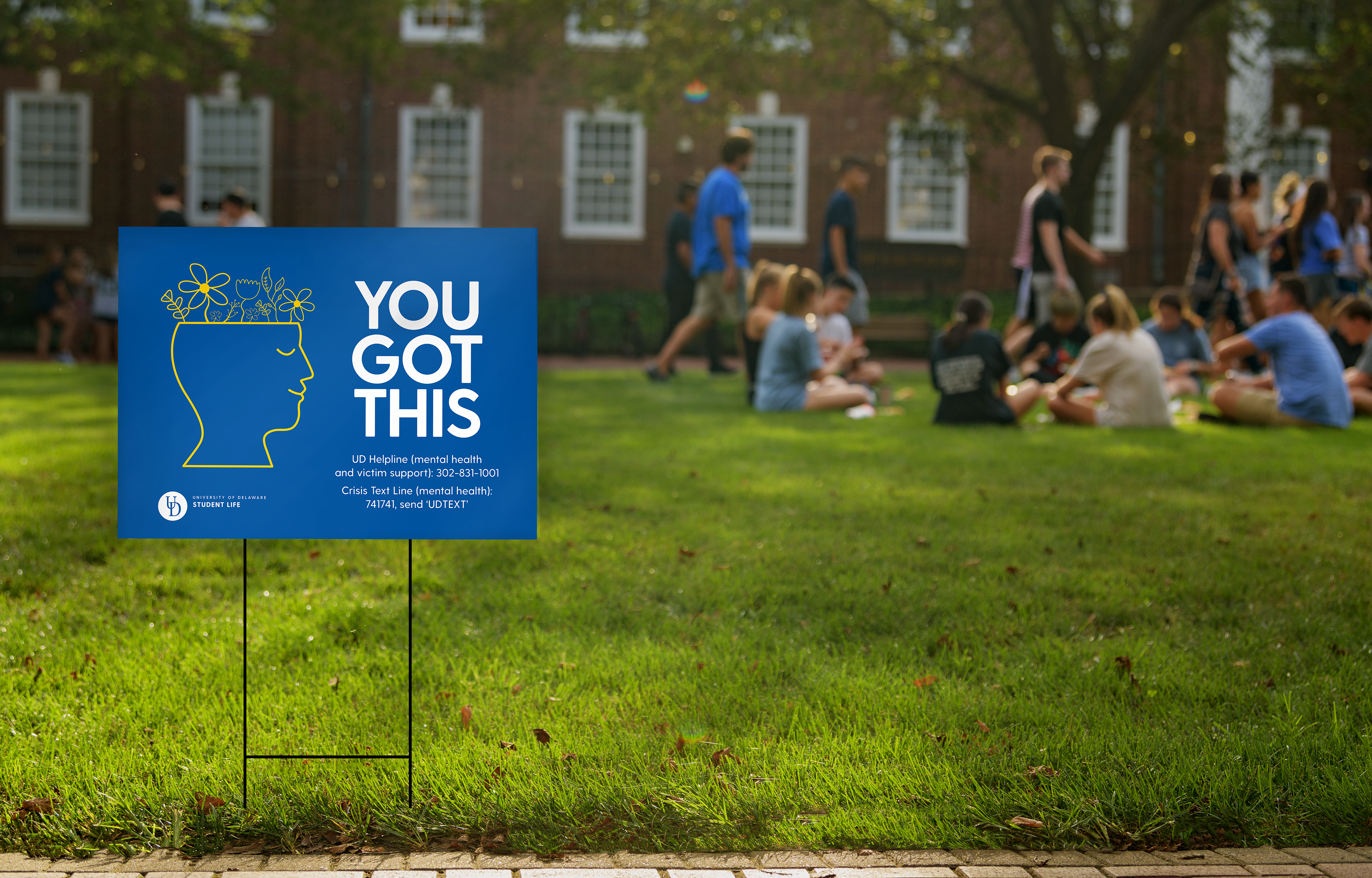 Mental Health Walk motivational yard sign illustration and sign. Graphic Design: Ivan Avila (Staff)
