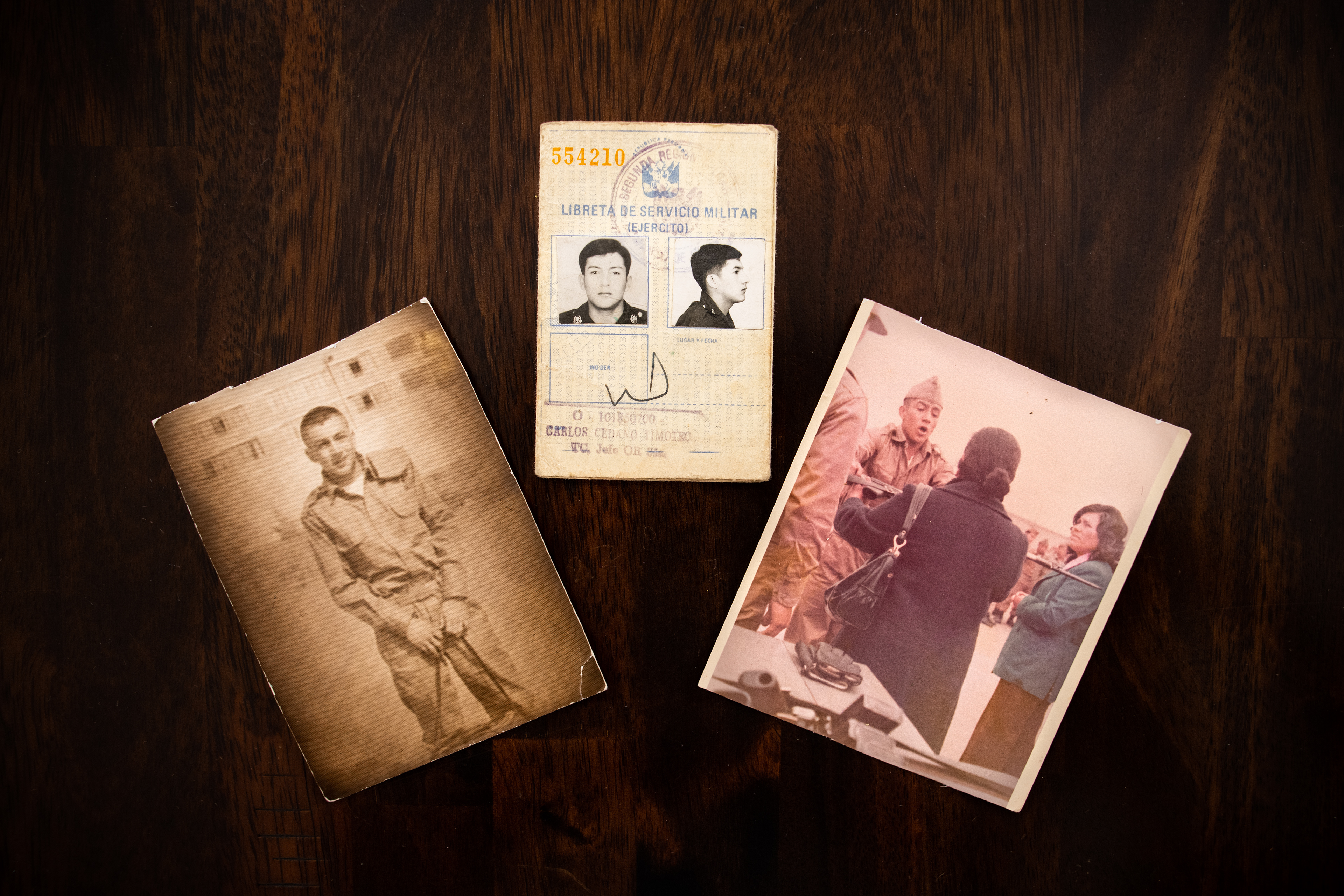 Peru - Left - My father at 18 years old in military school in Lima, Peru.. Center- My father's military ID card. Right - Photograph of my father's military graduation day; his mother giving him his riffle.