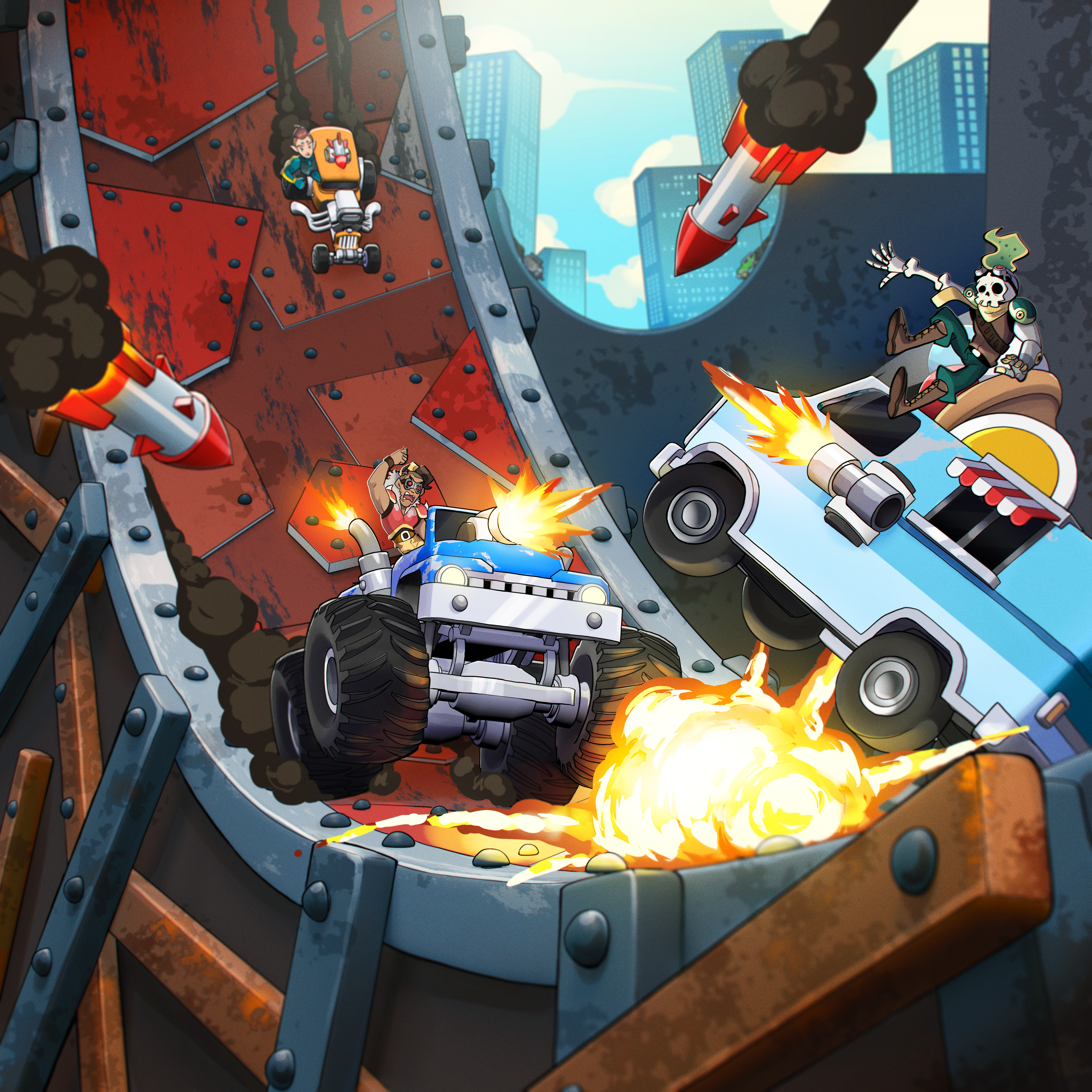 Main key art for Smash Stars Thunderdome game for Flowstate. This was a 3D modeled image where I painted colours over and added the characters.