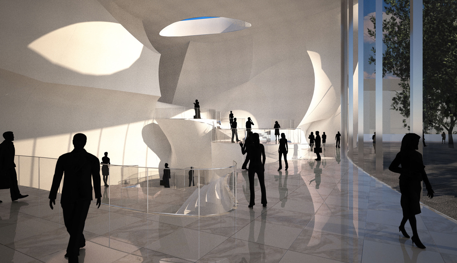 Rendering des Innenraumes vom Haus der Musik in Innsbruck, Österreich.