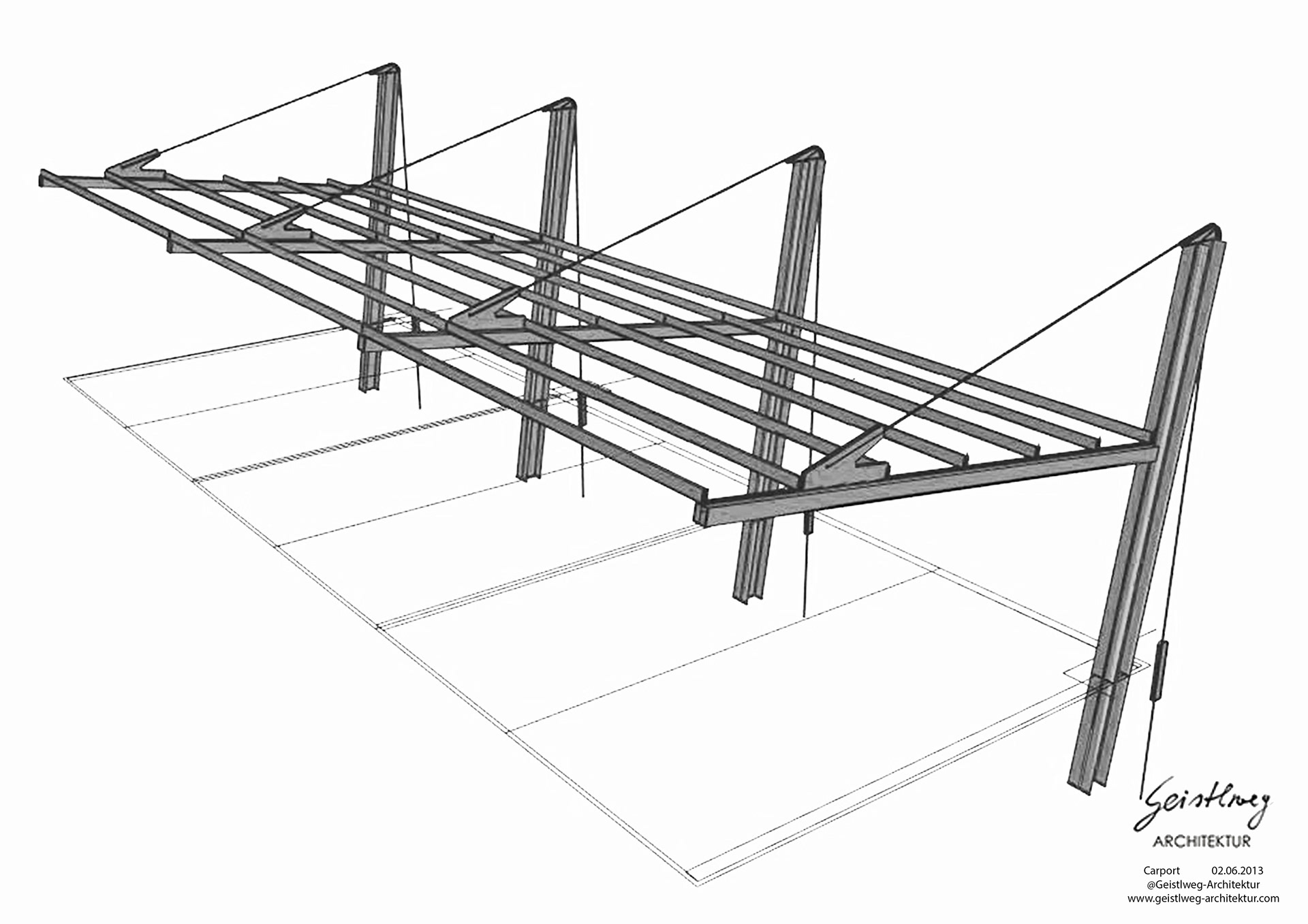 Rendering des Carports für ein Mehrfamilienhaus in Oberalm, Nähe Salzburg.