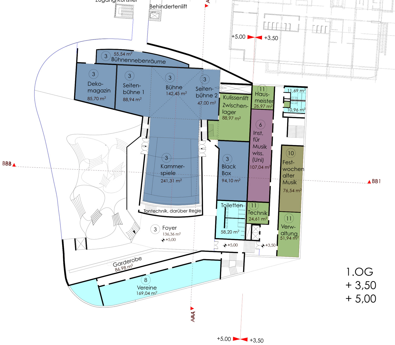 Grundriss Plan für einen Wettbewerb um den Umbau vom Haus der Musik in Innsbruck, Österreich.