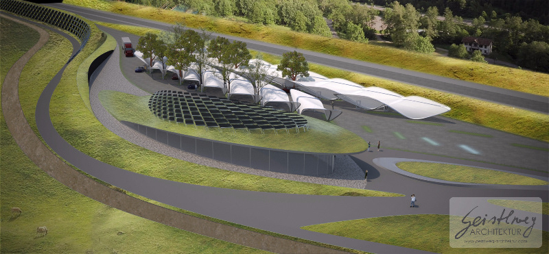 Rendering der modernen E- Ladestationen für Autobahnrastplätze in Salzburg und Umgebung.