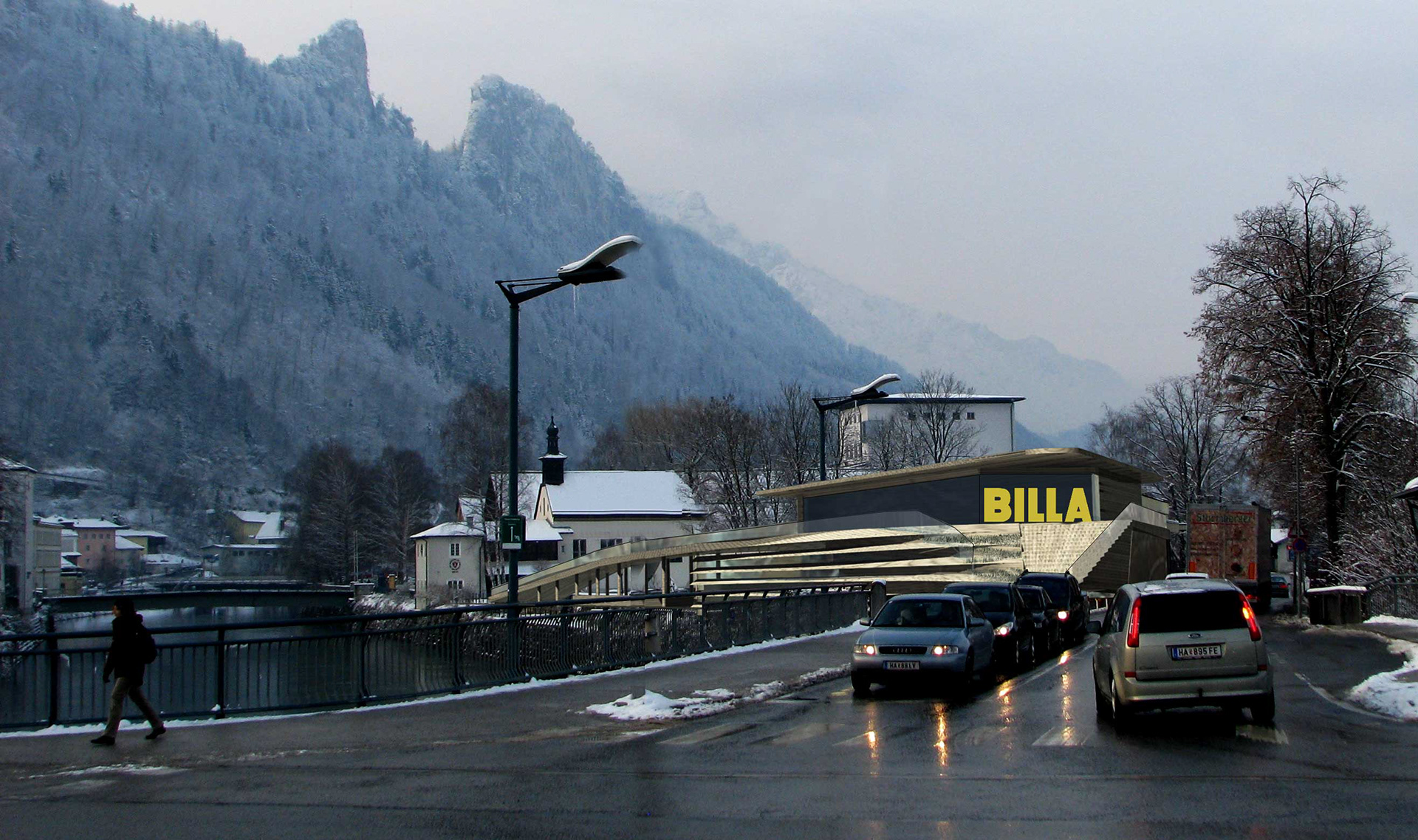 Rendering von Architekt Spraiter's Entwurf eines neuen Billa Shops in Hallein, Tennengau, Salzburg Land.
