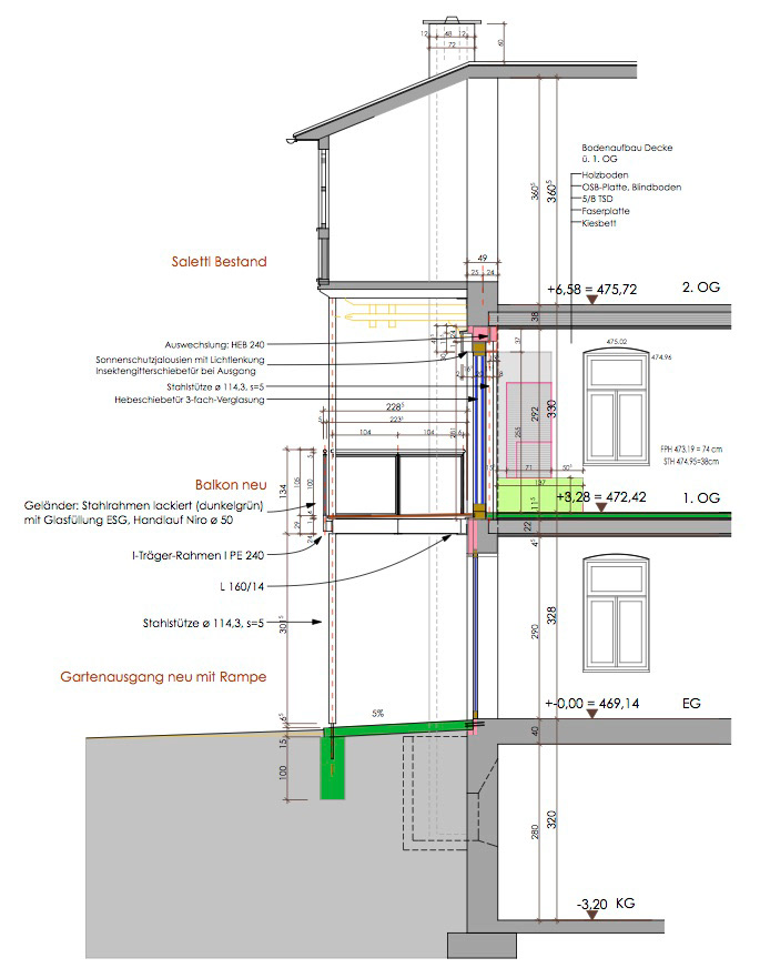 Schnitt des Geschosses für Restaurierung der Hausfassade in Golling, Salzburg Umgebung.