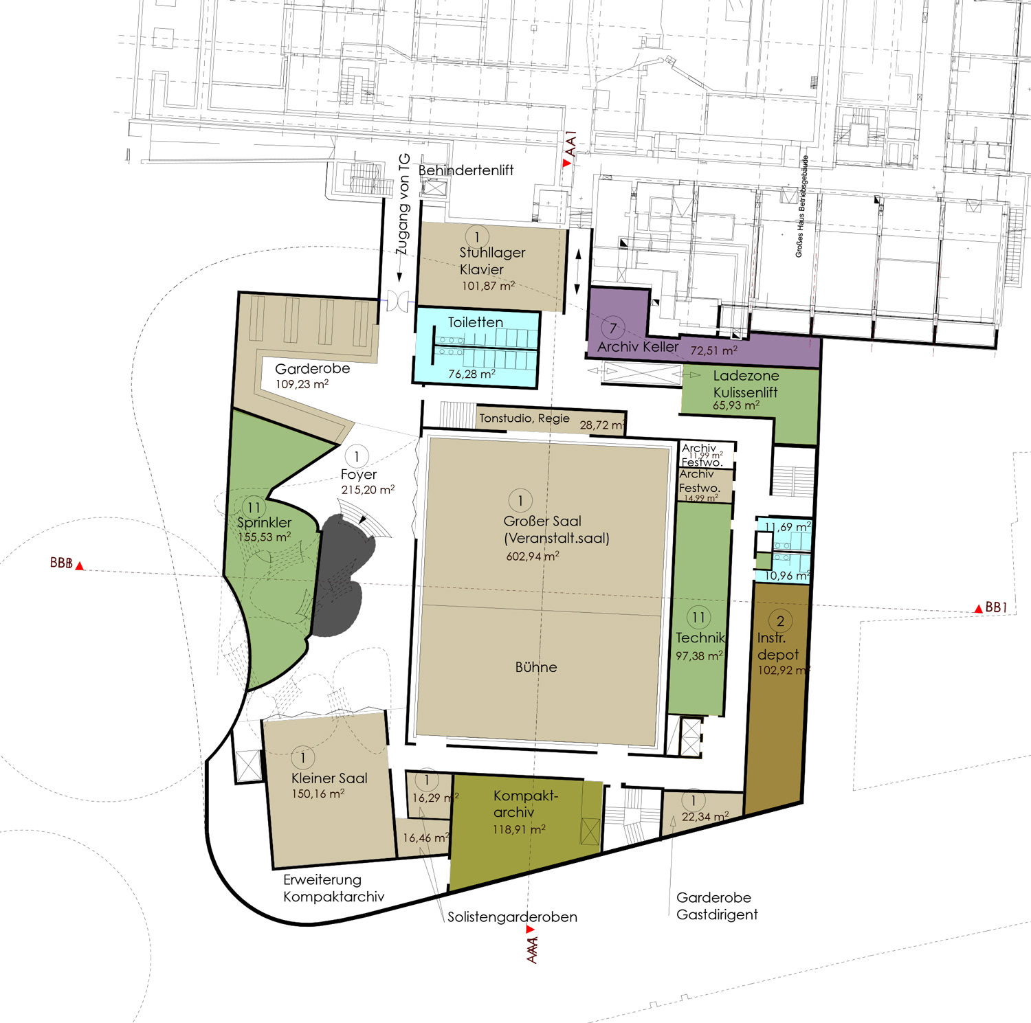Grundriss Plan für einen Wettbewerb um den Umbau vom Haus der Musik in Innsbruck, Österreich.