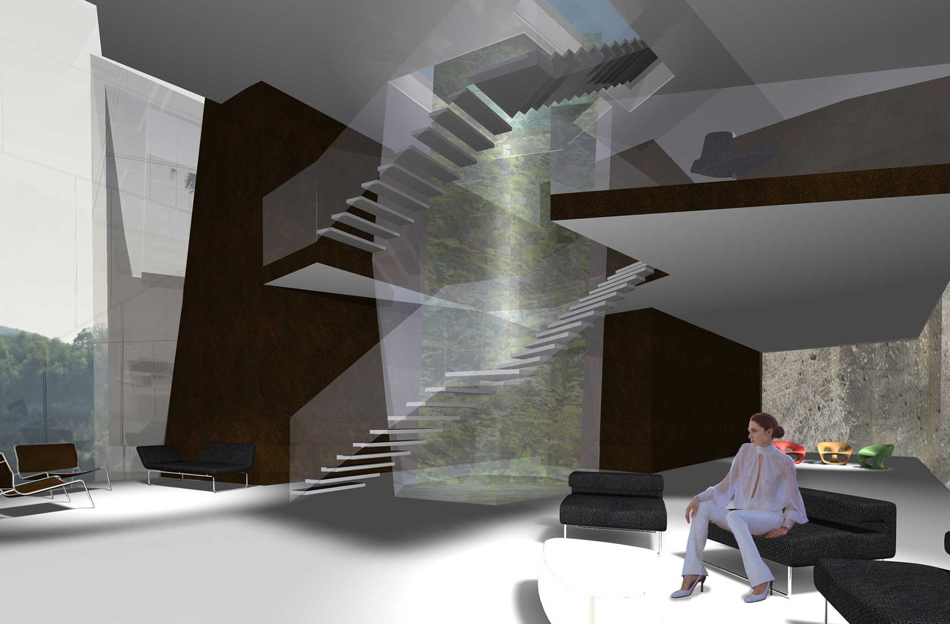 Rendering von Innenraum des Projektes "Split Rock" in der Stadt Salzburg, entworfen von Architekt Spraiter, Geistlweg Architektur.