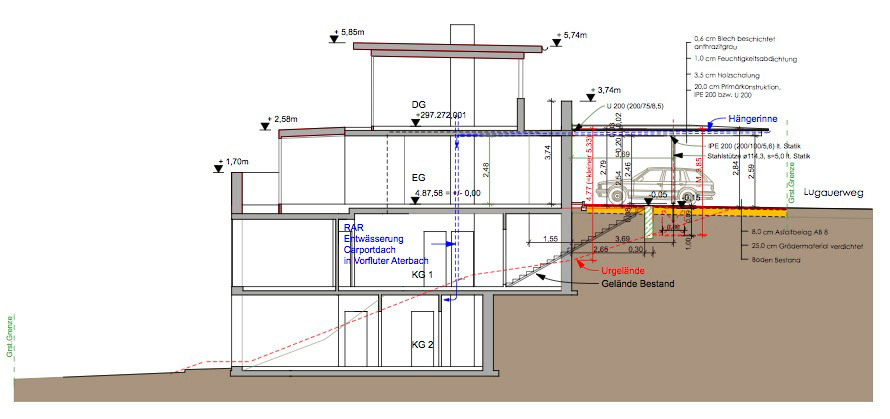 Plan mit der Ansicht des geplanten Carports in der Stadt Salzburg.