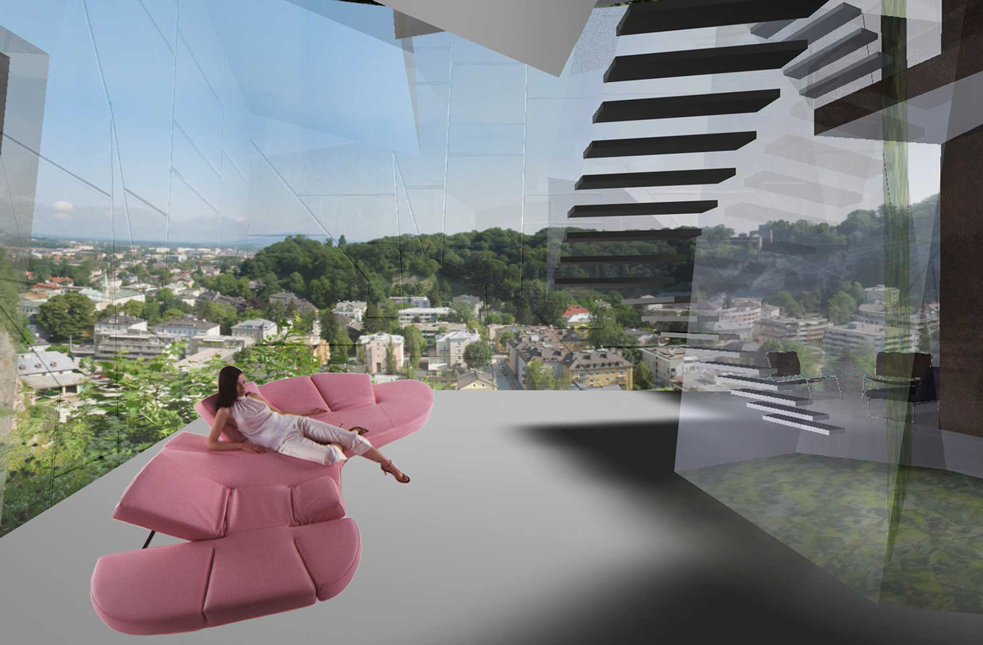 Rendering von Innenraum des Projektes "Split Rock" in der Stadt Salzburg, entworfen von Architekt Spraiter, Geistlweg Architektur.