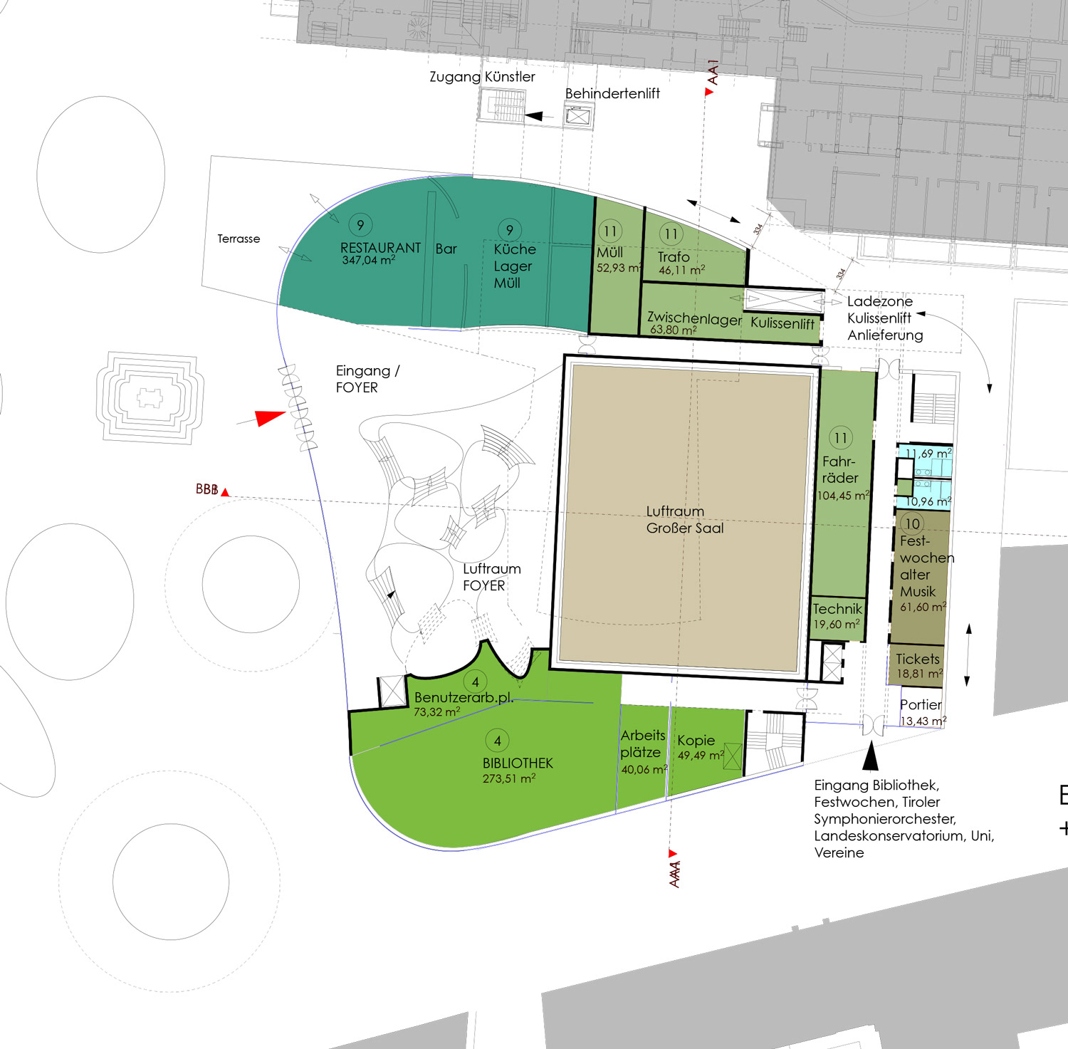 Erdgeschoss Plan für einen Wettbewerb um den Umbau vom Haus der Musik in Innsbruck, Österreich.