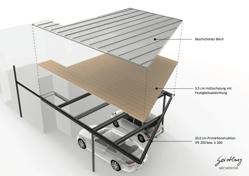 Rendering des geplanten Carports von Architekt Spraiter bei einem Einfamilienhaus in Gnigl, Salzburg.