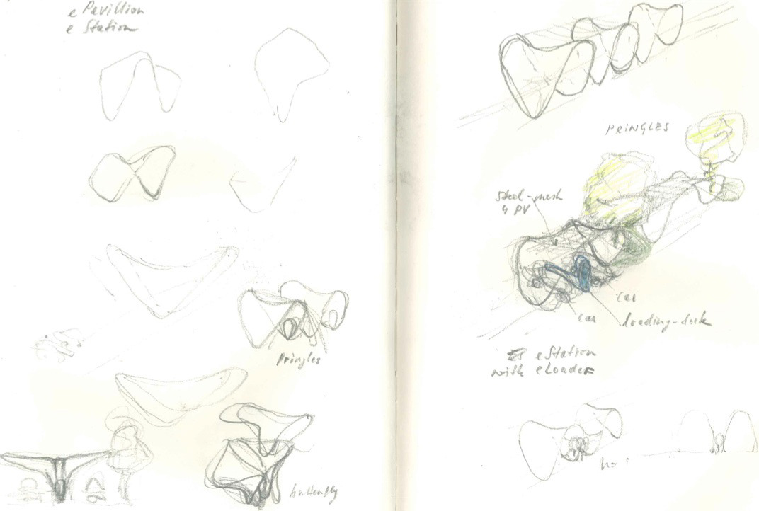 Skizzen für die modernen Rastplätze von Architekt Spraiter.