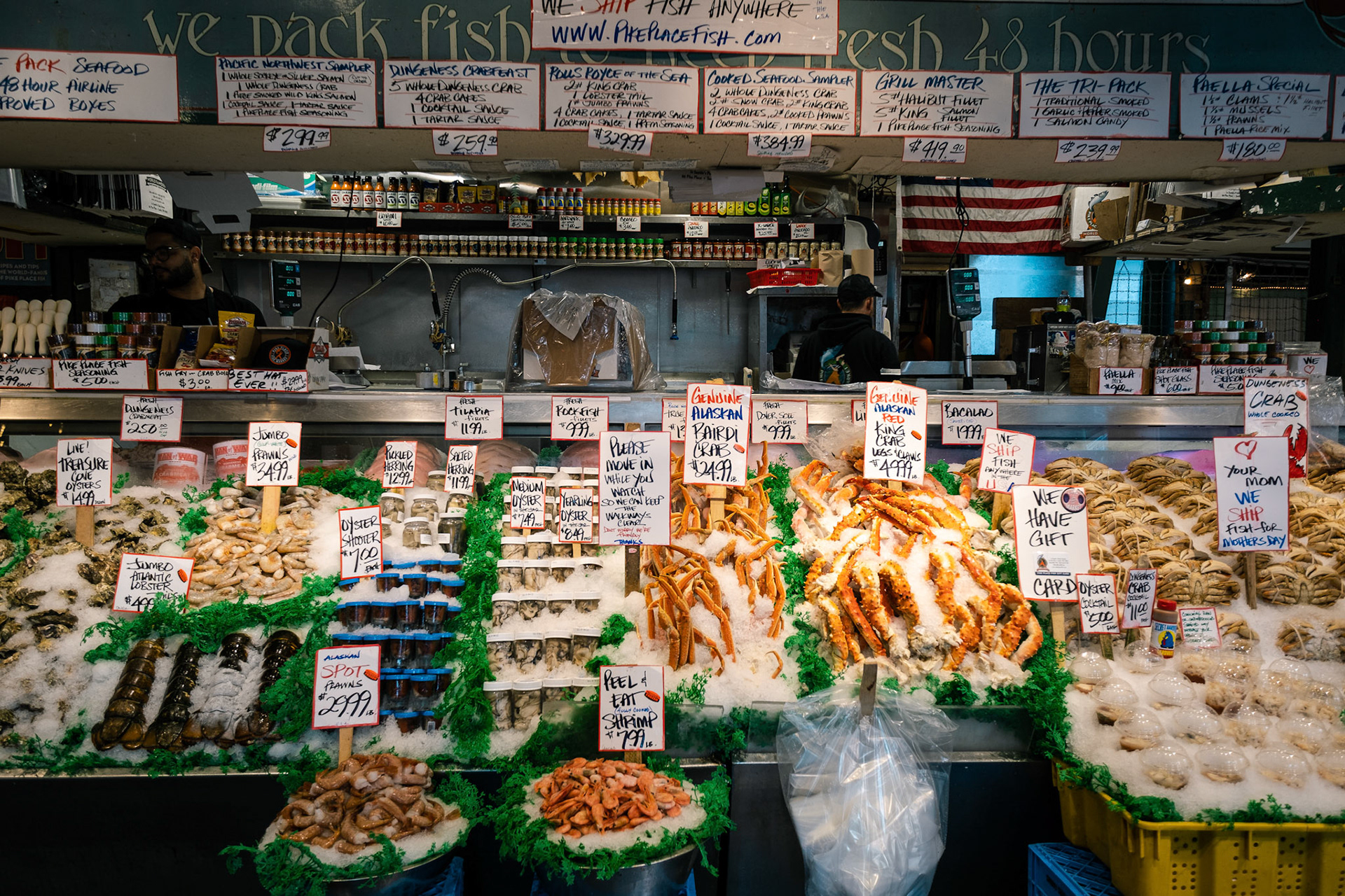 Fresh seafood at Pikes Place Fish Market, Seattle, Washington