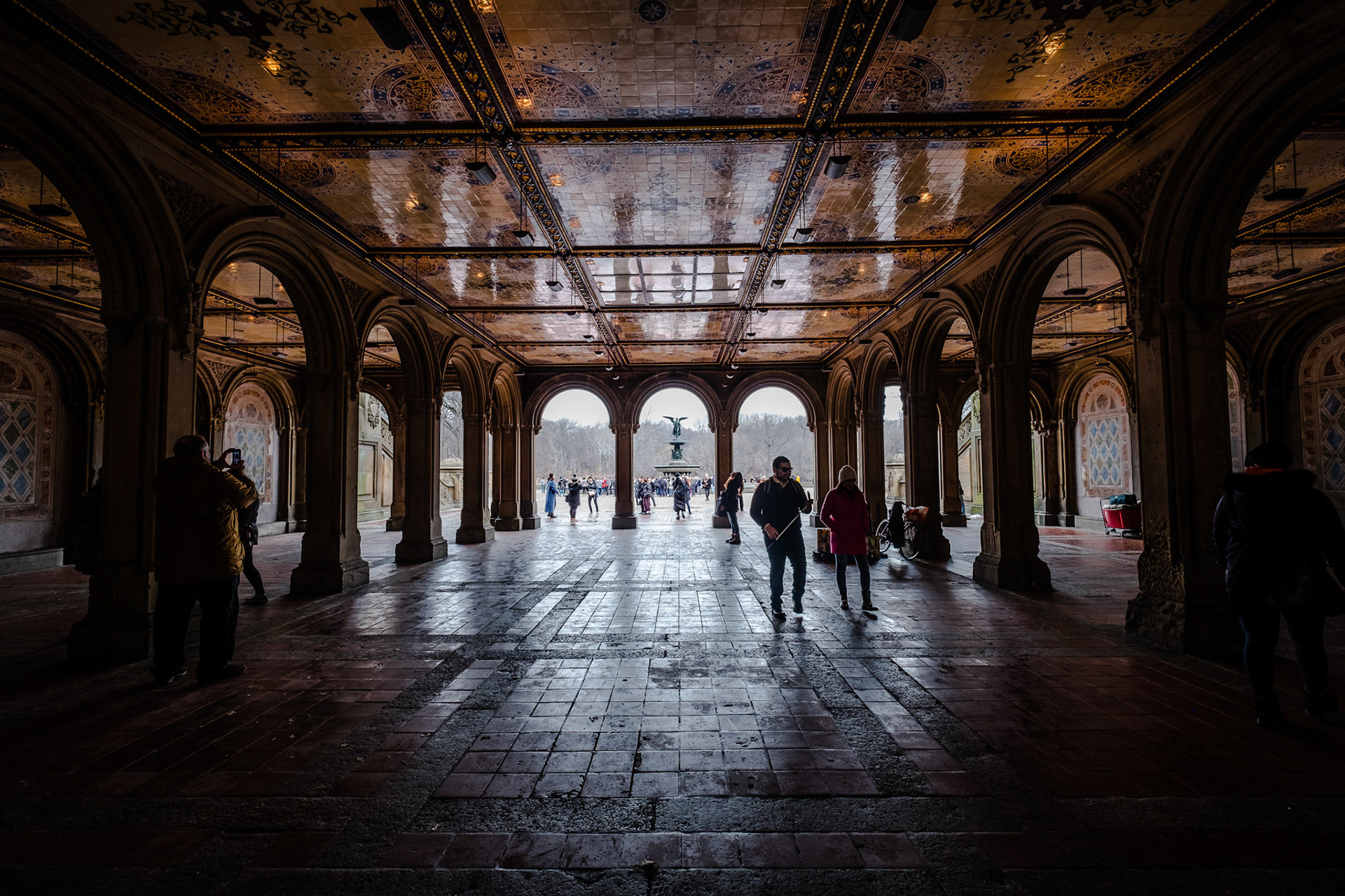Bethesda Terrace Arcade with illuminated tile ceiling (Minton Tiles). Central Park, New York City