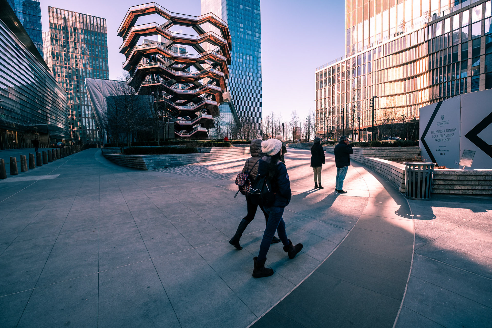 The vessel, a modern art, honeycomb like staircase in the center of the Hudson Yard open for visitors. New York City, NY