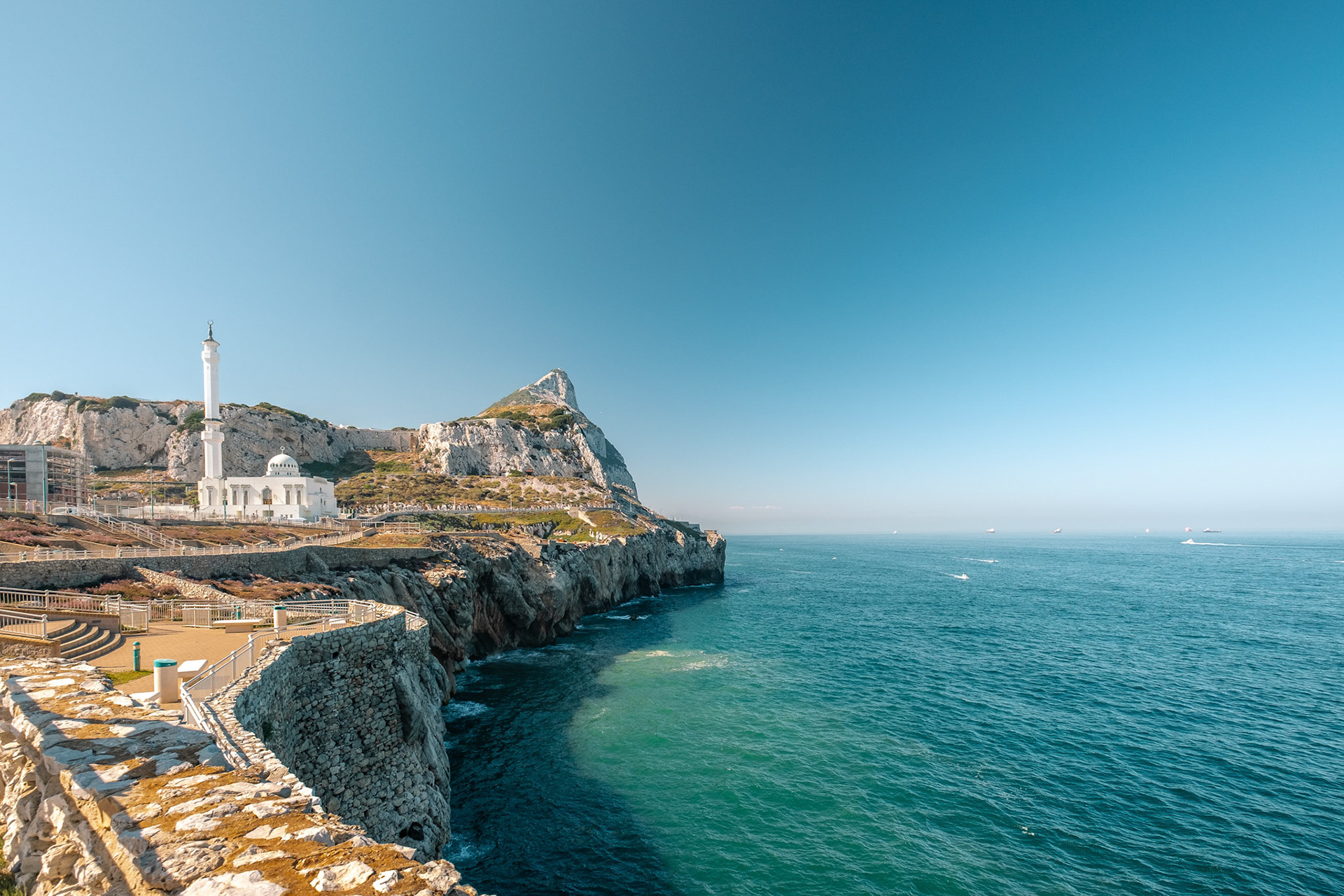 View of the Rock of Gibraltar and the Ibrahim-al-Ibrahim Mosque from Europa Point