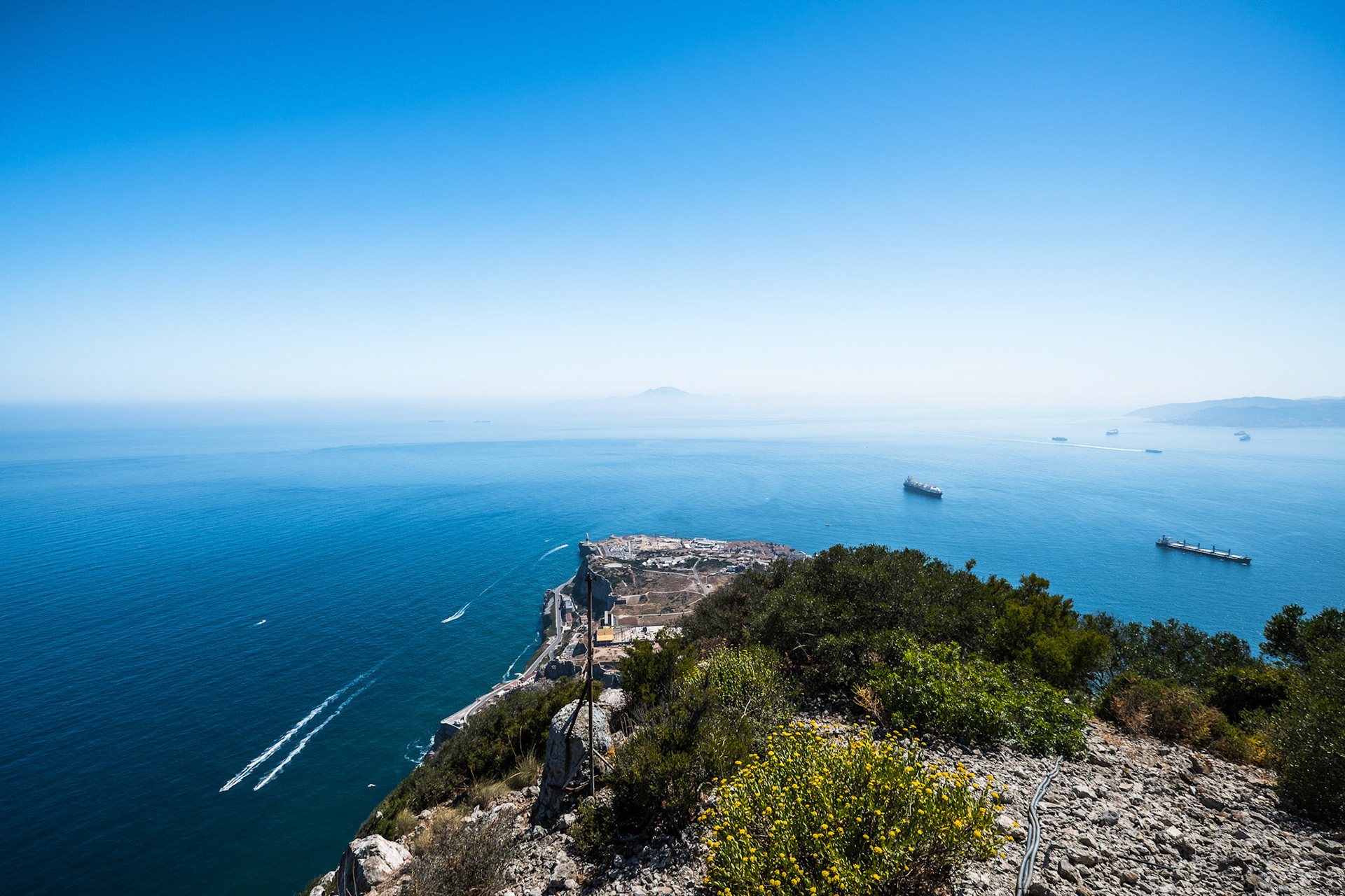 View of the Mediterranean Sea and the Atlantic Ocean come together. In the background Africa. Gibraltar