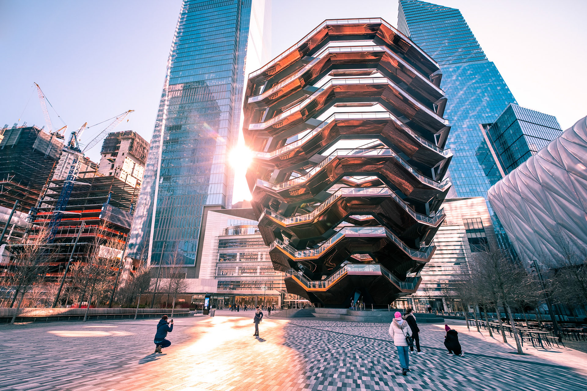 The vessel, a modern art, honeycomb like staircase in the center of the Hudson Yard open for visitors. New York City, NY
