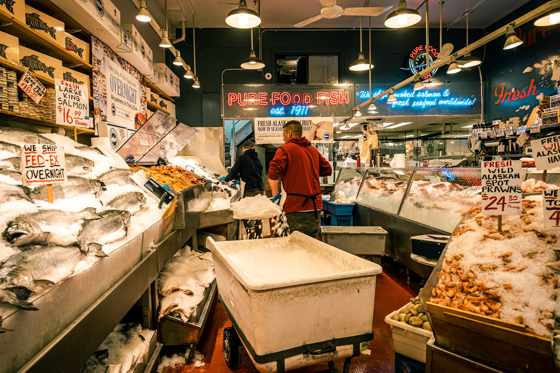 Fresh seafood at Pikes Place Fish Market, Seattle, Washington