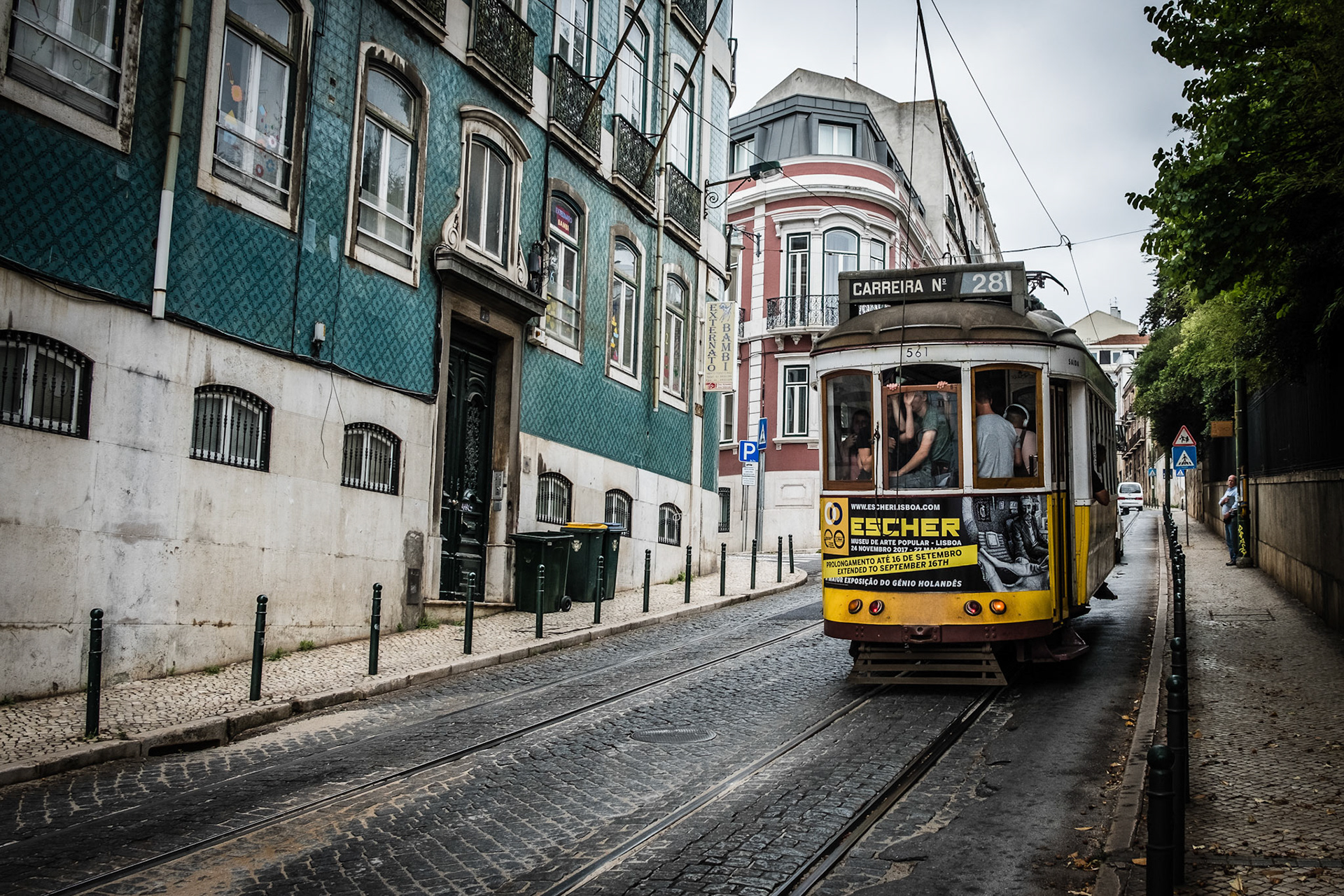Famous retro yellow tram on the street in Lisbon city, Portugal