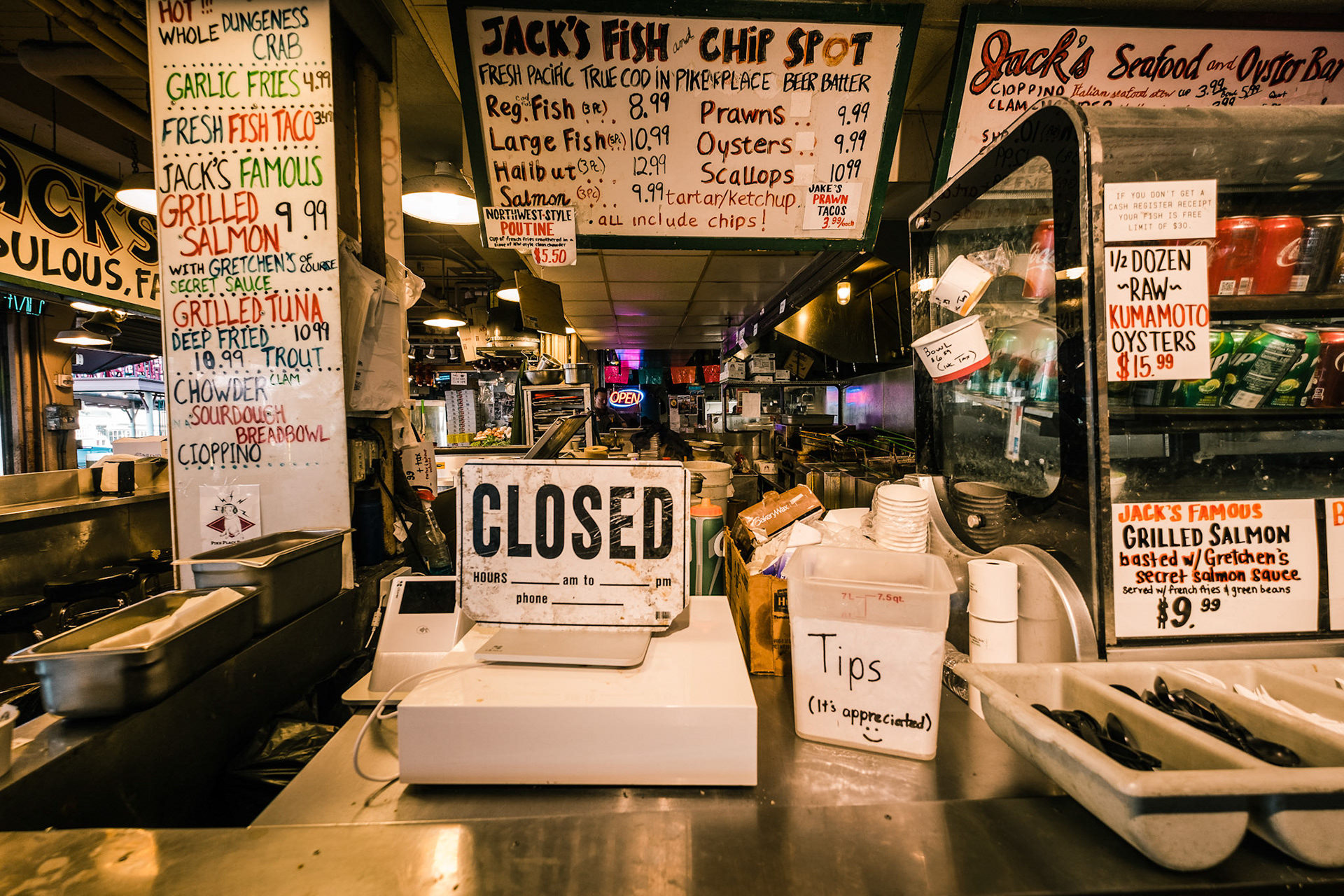 Fresh seafood at Pikes Place Fish Market, Seattle, Washington