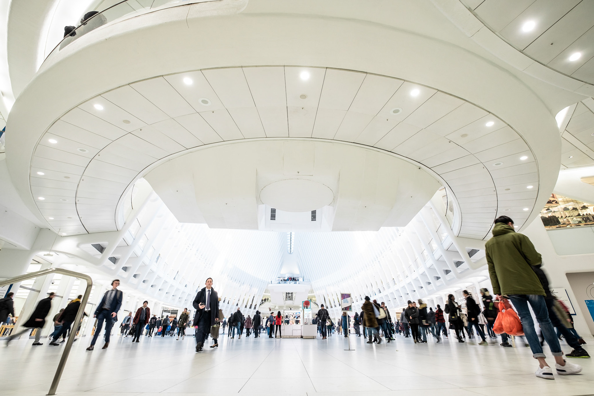 Oculus interior of the white World Trade Center subway station, New York. The station was designed by Santiago Calatrava